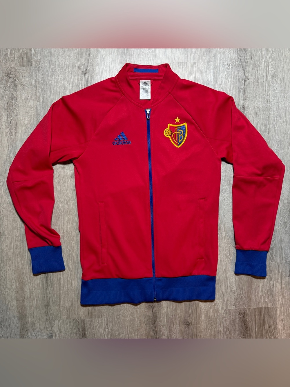 adidas Mens Red Track Jacket with Blue Trim and Club Crest